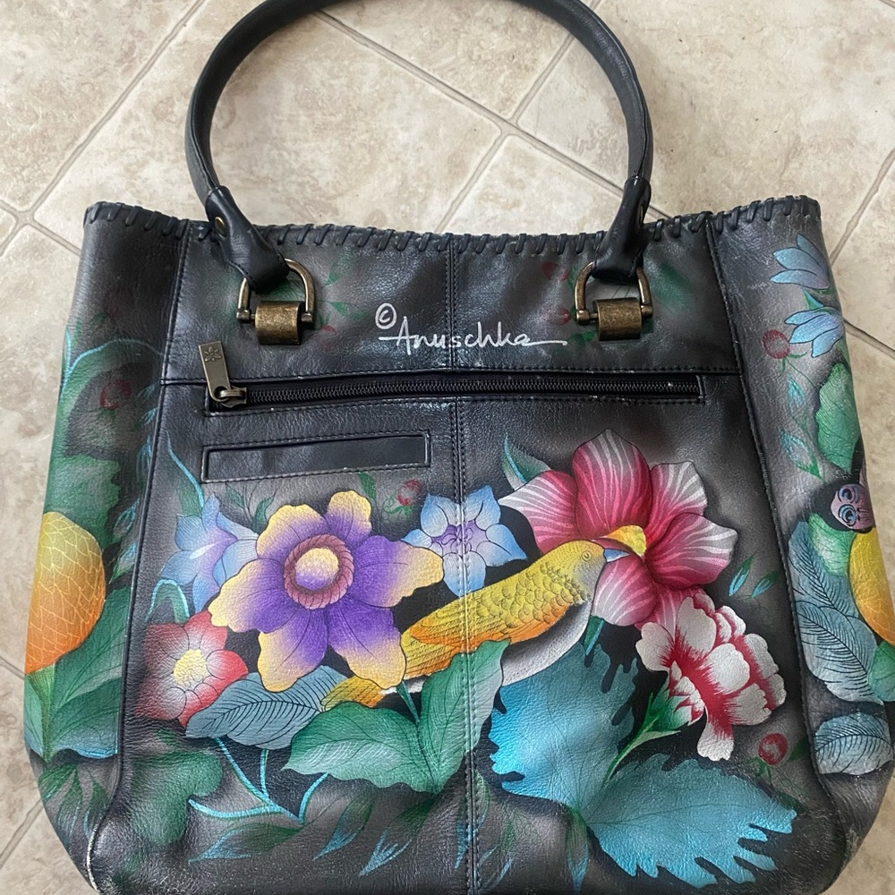 Anuschka Black Hand-Painted Floral Tote